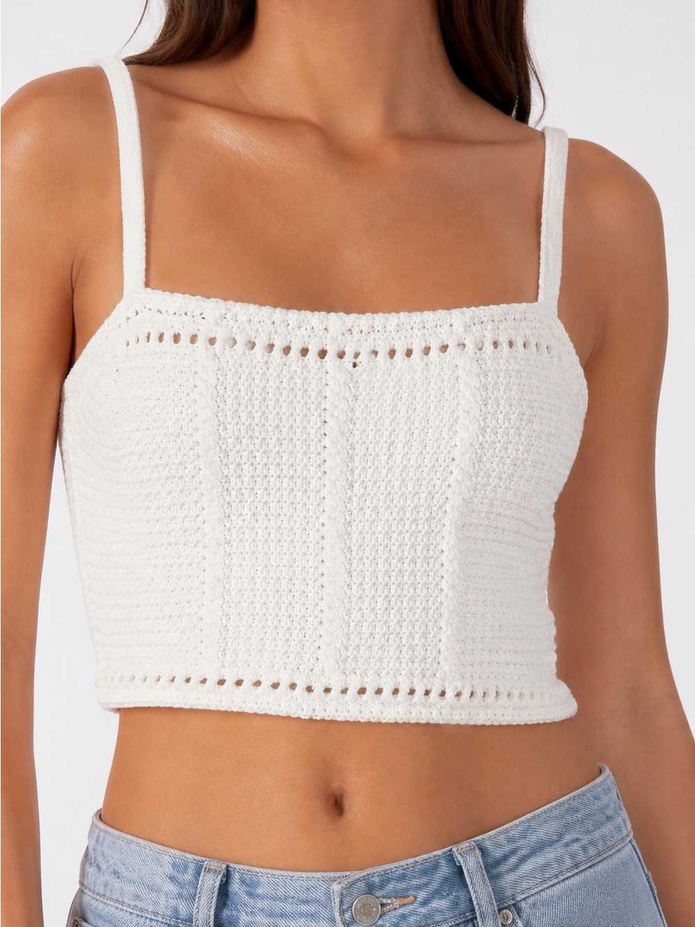 Free People Beach Crochet Crop Top Ivory Knit Button Back Boho size L